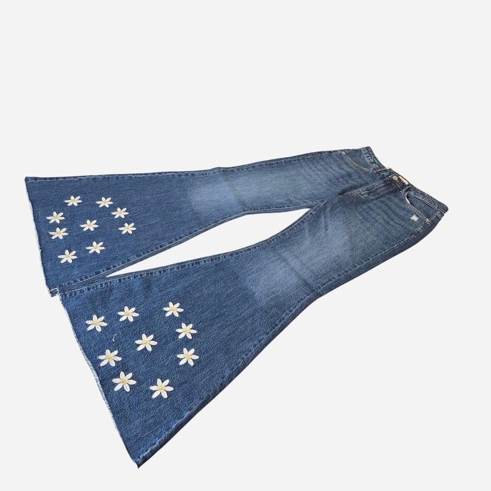 Flared Embroidered Blue Jeans Daisies- 29